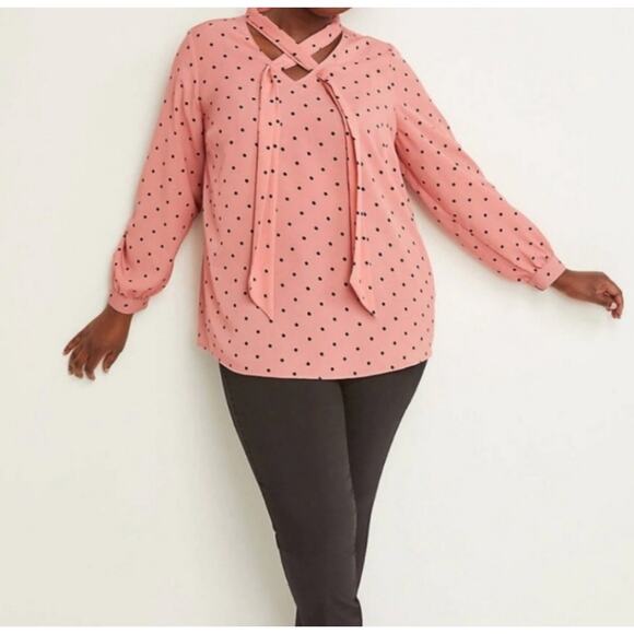 Lane Bryant 2XL Blouse Pink and Black Polka Dot Long Sleeve Tie Neck 18/20 - Picture 2 of 10